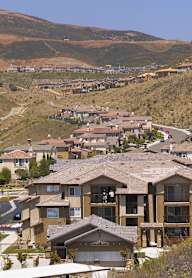 A residential area with houses and a mountain in the background.