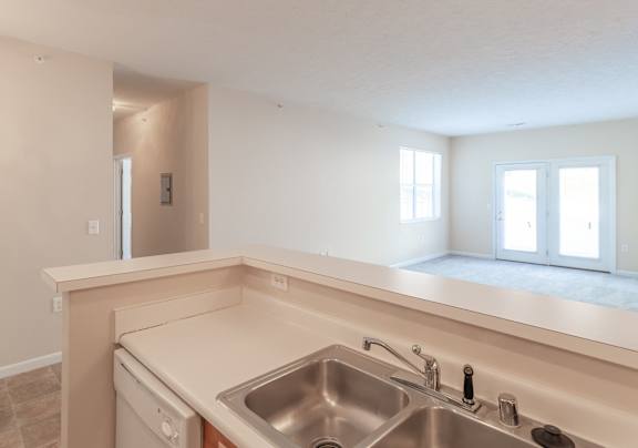 A kitchen with a sink and a window.