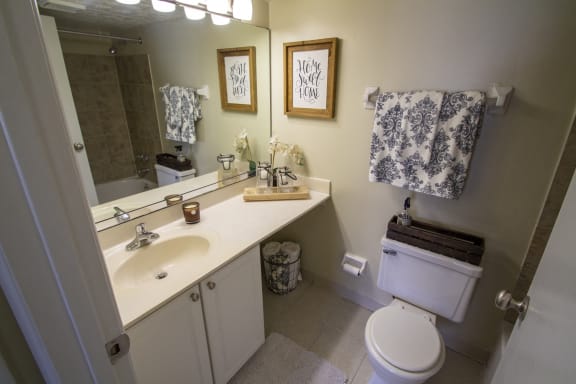 This is a photo of the large vanity countertop in a 1 bedroom apartment at Deer Hill Apartments in Cincinnati, OH.