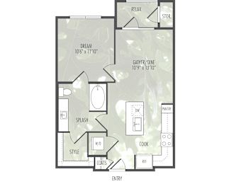 A floor plan of a house with a layout including a RELAX STORAGE, DREAM 106