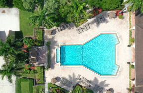 Overview drone shot of the Harbour Cove pool and lounge area