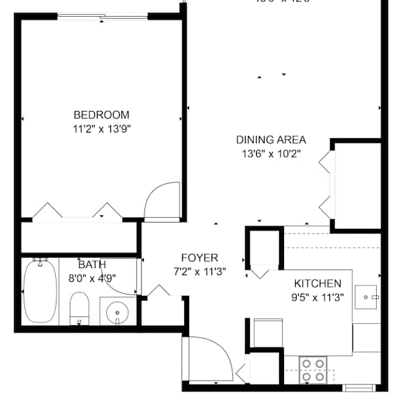A black and white image of a floor plan for a small apartment.