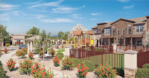 A residential area with houses and a playground.