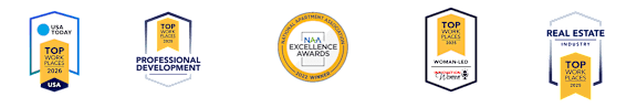 A collection of awards including "Top Work Places 2025" and "National Apartment Association Excellence Awards 2022 Winner".