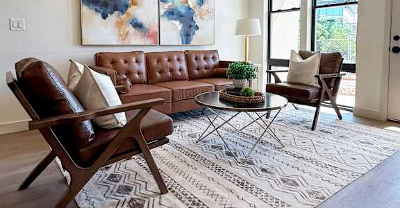 A living room with a brown leather couch, a brown chair, and a patterned rug.