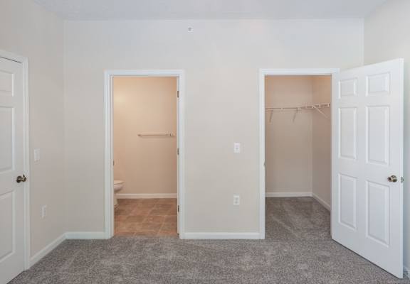 A room with two open doors and a carpeted floor.
