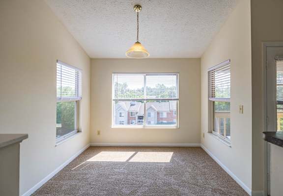A room with a carpet floor and a window showing a view of a house.