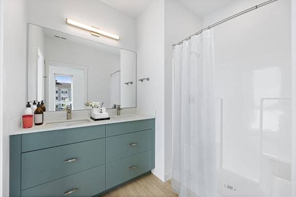 a bathroom with a sink and a shower and a mirror