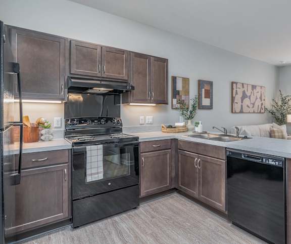 A modern kitchen with dark brown cabinets and black appliances.