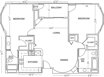 Two Bedroom Floor Plan at Toluca Court, Toluca Lake, 91602