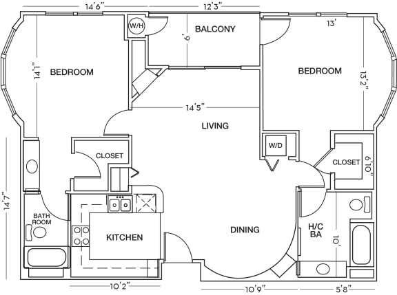 Two Bedroom Floor Plan at Toluca Court, Toluca Lake, 91602