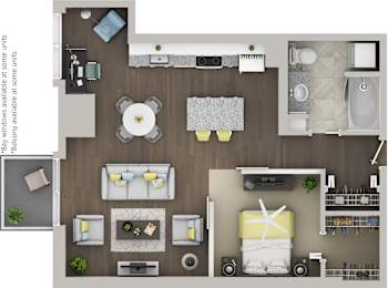 A top-down view of a living room with a dining area, kitchen, and bathroom.