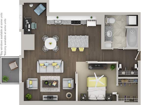 A top-down view of a living room with a dining area, kitchen, and bathroom.