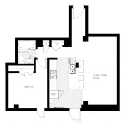 One bedroom, one bathroom apartment layout at South Algiers in Toronto, ON