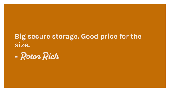 A quote on a brown background about big secure storage and good price.