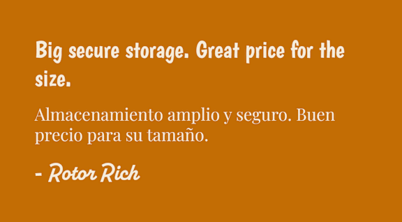 A quote about secure storage and value for size is attributed to Rotor Rich.