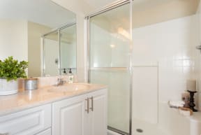 All white bathroon with walk in glass shower