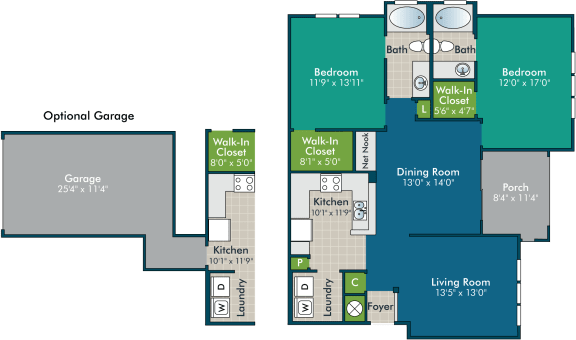 ElliotPh2_2BR2BA Floor Plan A at Abberly Green Apartment Homes by HHHunt, Mooresville, NC, 28117