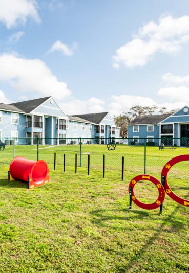 a playground with agility equipment and houses in the background