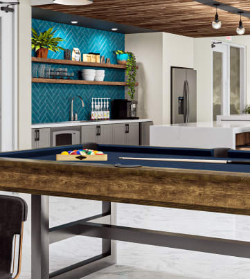 Resident Lounge with a Pool Table and Ktichen Area at Link Aparmtents 4th Street in Winston-Salem, 27101