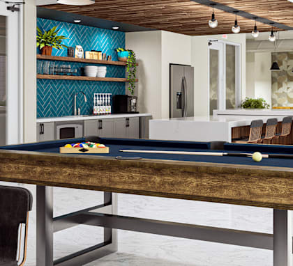 Resident Lounge with a Pool Table and Ktichen Area at Link Aparmtents 4th Street in Winston-Salem, 27101