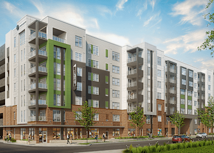 a rendering of an apartment building on a city street at Link Apartments® Calyx, Chapel Hill, NC 27517