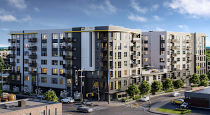a rendering of an apartment building on a city street  at Link Apartments® Mint Street, Charlotte, North Carolina