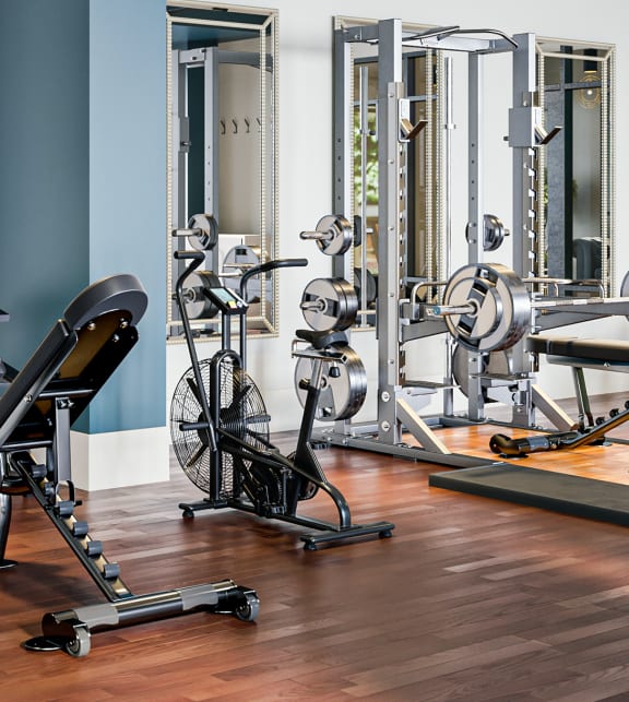 Large Fitness Center with Cardio Equipment and Free Weights at Link Apartments 4th Street in North Carolina, 27101