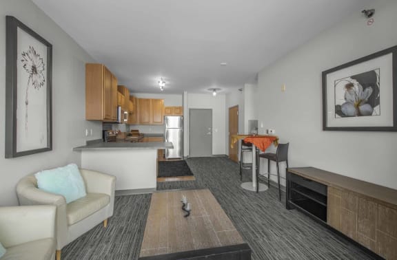 a living room and kitchen area in a 555 waverly unit