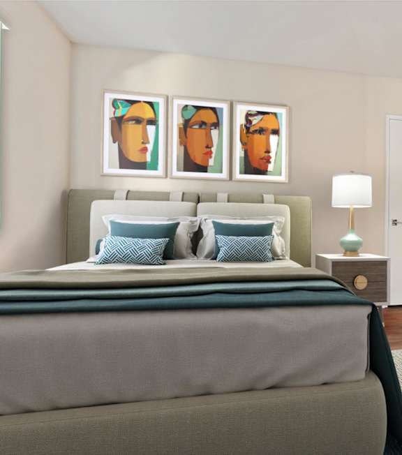 a bedroom with a bed at Palm Royale Apartments, Los Angeles, CA