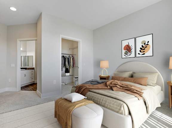 A bedroom with a large bed and a wardrobe. at Apex Mission Valley, California, 92108