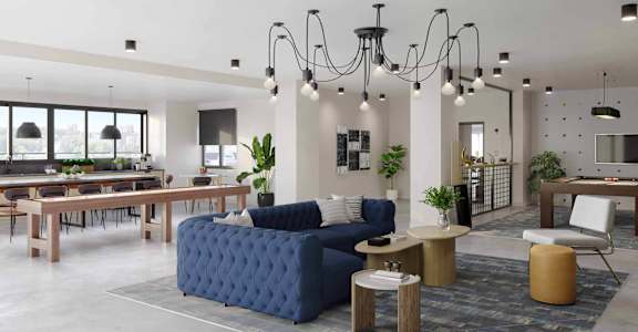 a rendering of a living room with a blue couch and a dining room table in the background