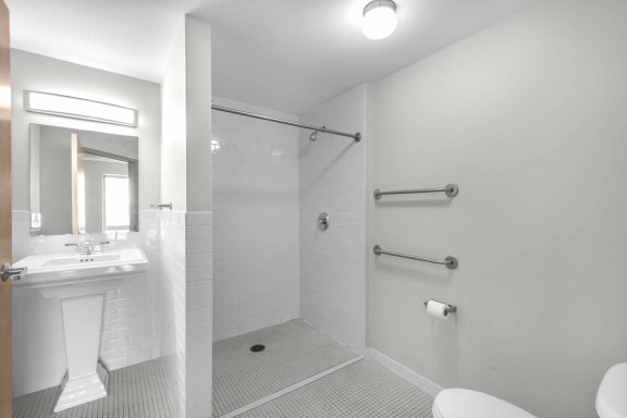 a bathroom with a shower and a sink