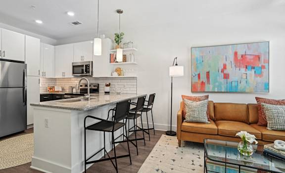 a living area with a kitchen and a couch
