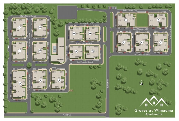 a site map of a subdivision with buildings and trees at The Groves at Wimauma Apartments , Wimauma, Florida