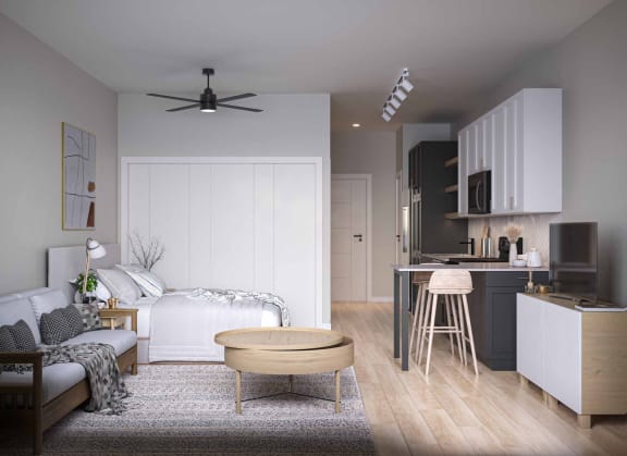 a rendering of a living room and kitchen in a 555 waverly unit