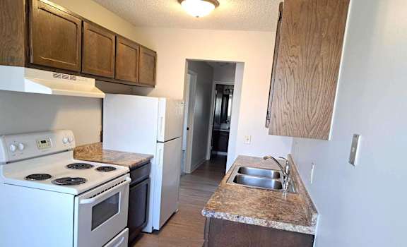 a kitchen with a stove and a sink and a refrigerator