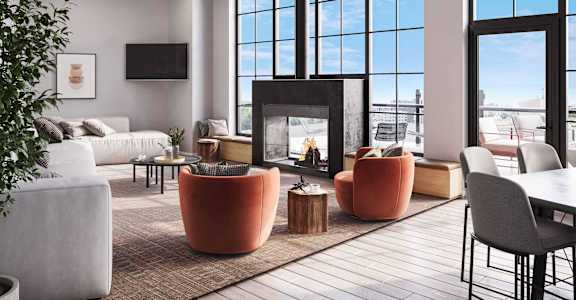 a rendering of a living room with a fireplace and large windows