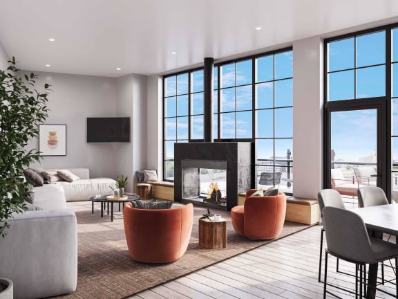a rendering of a living room with a fireplace and large windows