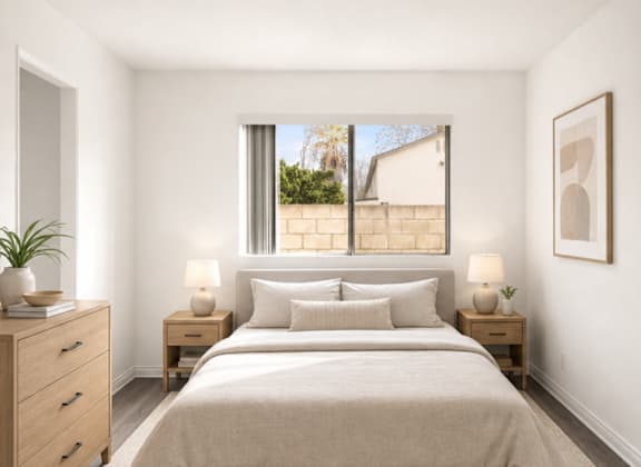 A bedroom with a large bed, two nightstands, and a window.