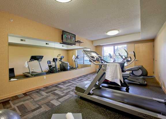 An exercise room with a treadmill and an elliptical.