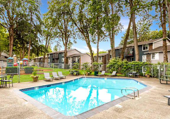 Swimming Pool Area at Cornell Woods Apartments, Portland