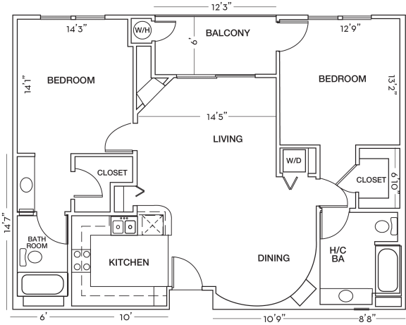 2 Bedroom 2 Bath Floor Plan at Toluca Court, California