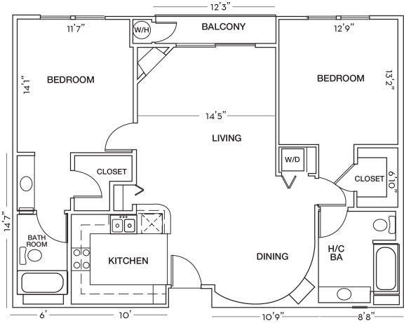 2 Bed Floor Plan at Toluca Court, Toluca Lake, CA