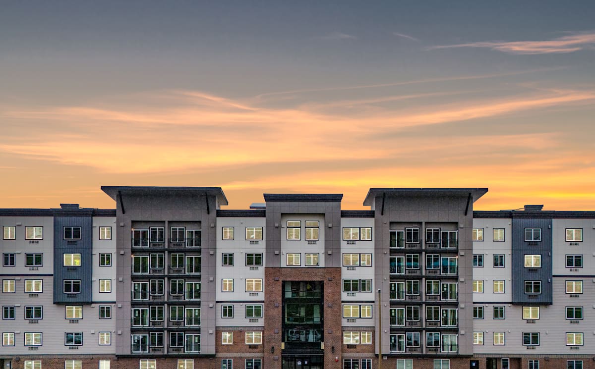 The Camden exterior building at sunset - Tacoma, WA