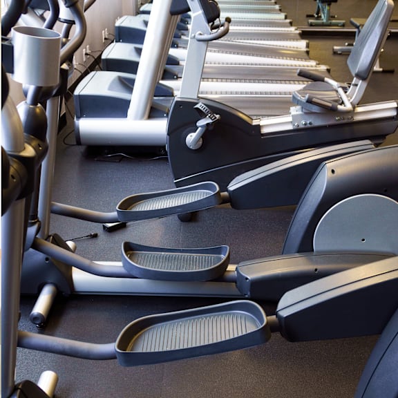 a row of cardio machines in a gym