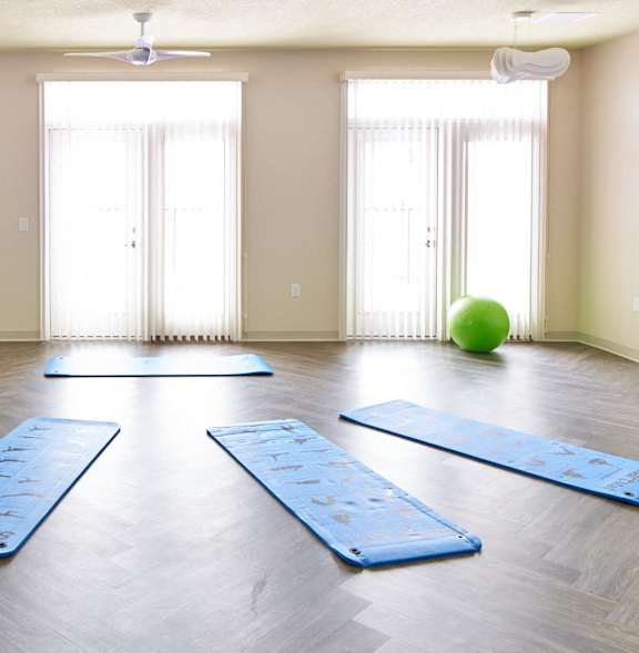 A yoga studio with blue mats and exercise balls.