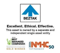 A blue arrow pointing upwards with the word BEZTAK below it.