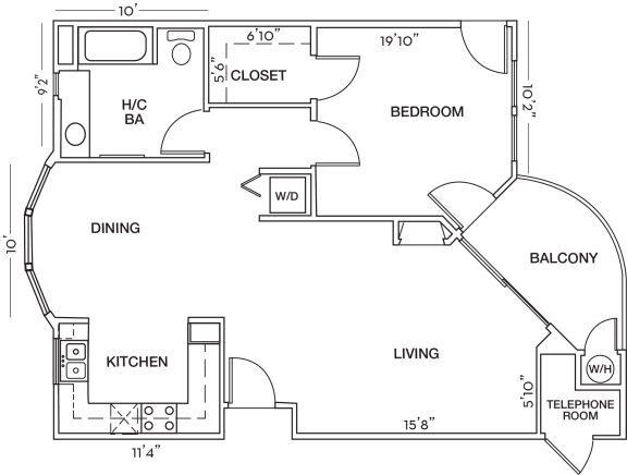 1 Bed 1 Bath Floor Plan at Toluca Court, Toluca Lake, California
