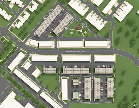 a site plan of a parking lot layout with buildings and trees